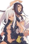 2girls arm_up bangs bindi black_hair blunt_bangs breasts bustier chaps cyda_afrarn dark_skin detached_sleeves family gloves long_hair long_sleeves lu_afrarn medium_breasts multiple_girls navel nomoc open_mouth revealing_clothes short-shorts smile summon_night summon_night_5 violet_eyes white_hair wide_sleeves yellow_gloves