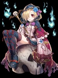  :o belt black_background blonde_hair blue_rose blush boots buttons cloak cross-laced_footwear flower hair_flower hair_ornament hair_over_one_eye highres hitodama hood hooded_cloak idolmaster idolmaster_cinderella_girls long_sleeves looking_at_viewer open_mouth raiou red_legwear rose shirasaka_koume short_hair simple_background sitting skirt skull sleeves_past_wrists staff striped striped_legwear thigh-highs thigh_boots vertical-striped_legwear vertical_stripes wide_sleeves zettai_ryouiki 