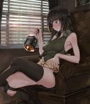  1girl absurdres alcohol armchair bangs bare_shoulders black_hair blinds chair clothes_around_waist eyepatch girls_frontline grey_eyes headphones highres jack_daniel&#039;s jacket_around_waist knee_pads legs_crossed m16a1_(girls_frontline) solo ssamjang_(misosan) thigh-highs window 