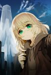  1girl blonde_hair blush brown_jacket drawstring eyebrows_visible_through_hair green_eyes highres hood hooded_jacket izuoku jacket looking_at_viewer original self_shot solo 