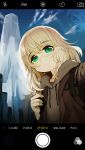  1girl blonde_hair blush brown_jacket camera drawstring eyebrows_visible_through_hair green_eyes highres hood hooded_jacket izuoku jacket looking_at_viewer original self_shot solo 