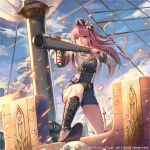  1girl aiming bangs belt blue_shorts blue_sky boots breasts closed_mouth clouds cloudy_sky commentary_request eyebrows_visible_through_hair finger_on_trigger floating_hair gun gyakushuu_no_fantasica hat highres holding holding_gun holding_weapon large_breasts long_hair looking_at_viewer official_art outdoors pink_eyes pink_hair ship shorts sky solo sparks standing watercraft watermark weapon weiyinji_xsk 