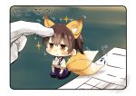  1girl :&lt; absurdres afterimage animal_ears bangs black_border black_legwear blue_hakama blush_stickers border brown_eyes brown_hair chibi closed_mouth commentary_request ear_wiggle eyebrows_visible_through_hair fox_ears fox_tail full_body gloves hakama highres japanese_clothes kaga_(kantai_collection) kantai_collection kemonomimi_mode minigirl motion_lines pantyhose paper petting seiza short_hair short_sleeves side_ponytail sitting solo_focus sparkle tail tail_wagging taisa_(kari) translation_request white_gloves 