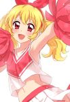  aikatsu! armpits bangs blonde_hair blush bow breasts cheerleader commentary_request eyebrows_visible_through_hair hair_bow highres hoshimiya_ichigo looking_at_viewer midriff navel open_mouth pink_eyes pleated_skirt pom_pom_(clothes) red_bow red_shirt sekina shirt simple_background skirt small_breasts smile standing twintails upper_body white_background white_skirt 