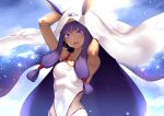  1girl armpits arms_up bangs blanket blush breasts competition_swimsuit dark_skin deras double_exposure earrings eyebrows_visible_through_hair fate/grand_order fate_(series) hair_tubes hoop_earrings jewelry long_hair looking_at_viewer medium_breasts necklace nitocris_(fate/grand_order) nitocris_(swimsuit_assassin)_(fate) one-piece_swimsuit open_mouth purple_hair smile solo swimsuit upper_body very_long_hair violet_eyes 