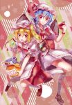  2girls apron bat_wings blonde_hair blue_hair bow fangs flandre_scarlet food frills hat hat_bow hat_ribbon highres holding holding_food looking_at_viewer mob_cap multiple_girls puffy_short_sleeves puffy_sleeves red_eyes red_ribbon red_shirt red_shoes remilia_scarlet ribbon shirt shoes shometsu-kei_no_teruru short_sleeves siblings sisters smile touhou wings wrist_cuffs 