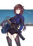  1girl bag blush brown_hair cyborg duffel_bag echj garter_straps girls_frontline gun hairband highres long_hair looking_at_viewer magpul mechanical_arm one_eye_closed red_eyes solo submachine_gun thigh-highs type_79_(girls_frontline) type_79_smg weapon 