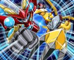  appmon armor blue_eyes claws commentary_request digimon digimon_universe:_appli_monsters flying globemon green_eyes no_humans pen_(pen3) wargreymon wings 