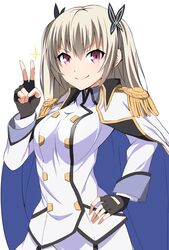  1girl absurdres black_gloves eyebrows_visible_through_hair fingerless_gloves gloves hair_between_eyes hair_ornament hal-bard hand_on_hip highres long_hair looking_at_viewer military military_uniform qualidea_code red_eyes silver_hair simple_background smile solo standing tenkawa_maihime uniform v white_background 