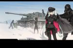  1girl artist_name black_gloves black_hat black_pants blue_eyes character_name day gloves ground_vehicle gun hair_between_eyes hat hatsune_miku holding holding_gun holding_weapon holster jiaoshouxingfa long_hair military military_hat military_uniform military_vehicle motor_vehicle outdoors pants silver_hair snow standing tank thigh_holster twintails uniform very_long_hair vocaloid weapon 