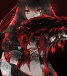  1girl bambina black_hair breasts brown_eyes cleavage copyright_name eyebrows_visible_through_hair hair_between_eyes highres long_hair looking_at_viewer medium_breasts midriff navel solo standing stomach tales_of_(series) tales_of_berseria under_boob upper_body velvet_crowe 