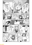  4girls :d comic commentary etorofu_(kantai_collection) flower greyscale hair_flower hair_ornament hat kantai_collection kunashiri_(kantai_collection) mizumoto_tadashi monochrome multiple_girls open_mouth ro-500_(kantai_collection) sailor_hat school_uniform serafuku shimushu_(kantai_collection) smile translation_request 