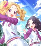  2girls :d aikatsu! black_hair blonde_hair blue_sky blush breasts character_request clouds cloudy_sky commentary_request eyebrows_visible_through_hair gym_shorts gym_uniform highres jacket long_hair long_sleeves looking_at_another looking_back medium_hair multiple_girls open_mouth outdoors ponytail running scrunchie sekina shorts side_ponytail sky small_breasts smile sunlight tree violet_eyes 