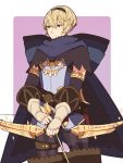  1boy ai-wa alternate_costume arrow blonde_hair bow_(weapon) cape cosplay fire_emblem fire_emblem_if gloves hairband leon_(fire_emblem_if) male_focus red_eyes solo weapon 