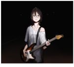  1girl bangs brown_eyes brown_hair dark_background guitar hair_between_eyes holding holding_instrument instrument looking_at_viewer off_shoulder parted_lips piguineapig shirt short_hair short_sleeves solo standing upper_body white_shirt 