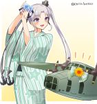  1girl ahoge aircraft airplane akitsushima_(kantai_collection) anchor blue_rose bow flower gradient gradient_background green_kimono hair_bow hair_flower hair_ornament japanese_clothes kantai_collection kimono long_hair nishikitaitei-chan purple_hair rose side_ponytail sidelocks striped striped_kimono twitter_username violet_eyes yamashiki_(orca_buteo) yukata 