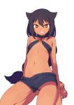  1girl absurdres bare_legs bare_shoulders barefoot black_hair braid breasts choker clenched_teeth commentary_request dark_skin gem groin groin_tendon hair_between_eyes highres kneeling long_hair looking_at_viewer navel o-ring_top short_shorts shorts simple_background single_braid small_breasts solo teeth very_long_hair white_background yellow_eyes yumemiru_prima_girl 