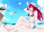  1girl adjusting_hair alternate_costume arm_support bangs barefoot beach bikini bikini_under_clothes bird black_bikini bracelet breasts cleavage clouds crimson_avenger_(elsword) day elesis_(elsword) elsword feet from_side full_body hand_on_headwear hat highres jewelry large_breasts legs long_hair looking_to_the_side ocean open_clothes open_shorts outdoors red_eyes redhead seagull seashell see-through shell shiliuye_feiyu shirt shorts sitting sky sleeves_rolled_up solo straw_hat swimsuit tied_shirt toes torn_clothes torn_shorts waving wet wind 