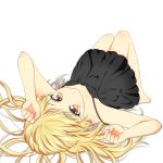  1girl alternate_costume bare_arms barefoot blonde_hair blush breasts breasts_apart chemise commentary downblouse kirisame_marisa long_hair looking_at_viewer lying on_back sleepwear small_breasts solo toraneko0128 touhou upside-down wavy_hair yellow_eyes 