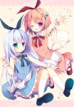  2girls :o ;d angora_rabbit apron aqua_eyes arm_up armpits bangs bare_shoulders blue_ribbon blue_shirt blue_shoes blue_skirt blush brooch collared_shirt commentary_request eyebrows_visible_through_hair flat_chest frilled_skirt frills full_body gochuumon_wa_usagi_desu_ka? hair_ornament hair_ribbon hairclip hoto_cocoa izumiyuhina jewelry kafuu_chino kneehighs knees_together_feet_apart light_blue_hair long_hair looking_at_viewer mary_janes matching_outfit multiple_girls one_eye_closed open_mouth orange_hair pink_shirt pink_skirt rabbit red_ribbon red_shoes ribbon shirt shoes sidelocks skirt sleeveless sleeveless_shirt smile star striped striped_shirt tippy_(gochiusa) two-tone_background vertical-striped_background vertical-striped_shirt vertical-striped_skirt vertical_stripes violet_eyes waist_apron white_apron wrist_cuffs 