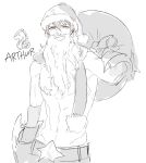  1boy artoria_pendragon_(all) belt carrying_over_shoulder fake_beard fate/grand_order fate/prototype fate_(series) genderswap genderswap_(ftm) hat male_focus pasties pvc_parfait saber_(fate/prototype) saber_alter sack santa_alter santa_hat scarf shirtless simple_background sketch solo star_pasties white_background yellow_eyes 