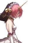  1girl bangs bare_shoulders berserker_of_black blue_eyes breasts closed_mouth dress elbow_gloves expressionless famepeera fate/apocrypha fate_(series) glint gloves hair_over_one_eye highres horn looking_at_viewer parted_bangs pink_hair short_hair simple_background small_breasts solo upper_body veil white_background white_dress white_gloves 