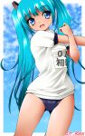  1girl aqua_hair blue_eyes buruma dr_rex gym_uniform hatsune_miku long_hair looking_at_viewer name_tag open_mouth solo standing twintails vocaloid 