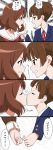 2girls 4koma angry blush brown_eyes brown_hair bubble_background clenched_teeth closed_eyes comic commentary_request crossover hibike!_euphonium highres k-on! kiss multiple_girls open_mouth oumae_kumiko pinky_swear pointing profile school_uniform short_hair short_twintails suzuki_jun teeth translation_request tsukkun twintails yuri 