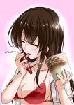  1girl akagi_(kantai_collection) blush breasts brown_hair cap cleavage closed_eyes haagen-dazs kantai_collection large_breasts long_hair mikage_takashi open_clothes open_mouth open_shirt red_bikini_top sexually_suggestive shirt smile solo tongue tongue_out twitter_username upper_body 