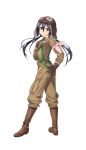  1girl aviator_cap black_hair boots brown_boots brown_eyes brown_gloves formation_girls from_side full_body gloves goggles goggles_on_headwear hair_between_eyes hand_on_own_ass hand_on_own_chest highres looking_at_viewer official_art ozaki_rin pink_ribbon ribbon solo tenkuu_nozora transparent_background twintails 