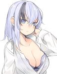  1girl bangs black_hair blue_eyes blush bra bra_peek breasts cleavage collarbone collared_shirt dress_shirt hair_between_eyes hand_in_hair hand_up head_tilt kinukawa_chinatsu large_breasts lavender_eyes lavender_hair long_sleeves looking_at_viewer multicolored_hair open_clothes open_shirt original parted_lips polka_dot polka_dot_bra purple_bra purple_hair shirt simple_background sketch solo streaked_hair tsunekichi two-tone_hair underwear upper_body white_background white_shirt wing_collar 