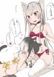  2girls amatsukaze_(kantai_collection) anchor animal_ears black_hair black_legwear blush bow bow_bra bow_panties bra breasts brown_eyes cat_ears cat_tail chigasaki_y clenched_hand closed_eyes fang flustered gradient_hair kantai_collection kneeling long_hair lying multicolored_hair multiple_girls on_side open_mouth panties purple_bra purple_panties short_hair silver_hair small_breasts smile speech_bubble stroking surprised sweatdrop tail text thigh-highs tokitsukaze_(kantai_collection) translation_request two_side_up underwear underwear_only white_legwear yellow_bra yellow_panties yuri 