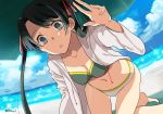  1girl :o alternate_costume beach bikini breasts cleavage commentary day green_eyes green_hair kantai_collection long_hair looking_at_viewer midriff mikuma_(kantai_collection) navel open_mouth outdoors parasol r-king solo swimsuit twitter_username umbrella 
