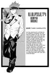  1boy baggy_clothes boku_no_hero_academia directional_arrow english fake_scan fang fang_out full_body greyscale hands_in_pockets headband male_focus monochrome original pointy_ears profile_page simple_background solo spiky_hair standing standing_on_one_leg waving white_background zhineart 