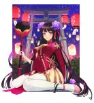  1girl bell black_hair breasts china_dress chinese_clothes cleavage dress flower hair_flower hair_ornament jingle_bell lantern long_hair looking_at_viewer ma9 night night_sky original paper_lantern pink_shoes shoes sitting sky solo thick_thighs thigh-highs thighs torii violet_eyes wariza watermark web_address white_legwear 