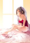  1girl :3 artist_name bare_legs bare_shoulders barefoot bed_sheet between_legs blanket breasts brown_hair camisole cleavage closed_mouth collarbone eyewear_removed full_body glasses green_eyes hand_between_legs highres idolmaster idolmaster_cinderella_girls indoors maekawa_miku medium_breasts on_bed panties red-framed_eyewear shoes short_hair sitting sleeveless smile solo strap_gap sumi_(oyasumie) under_covers underwear underwear_only watermark web_address white_panties window 