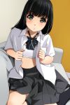  1girl black_eyes black_hair blush bra eyebrows_visible_through_hair highres long_hair looking_at_viewer matsunaga_kouyou open_clothes open_shirt original school_uniform shirt skirt solo underwear undressing white_bra 