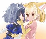  2girls animal_ears black_bow black_bowtie black_gloves black_hair blonde_hair blush bow bowtie brown_eyes common_raccoon_(kemono_friends) extra_ears eye_contact fennec_(kemono_friends) fox_ears gloves grey_hair hand_holding hand_in_another&#039;s_hair hekicho kemono_friends looking_at_another multiple_girls open_mouth puffy_short_sleeves puffy_sleeves raccoon_ears short_hair short_sleeves yellow_bow yellow_bowtie yellow_gloves yuri 