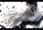  1boy 1girl ahoge black_gloves black_hair blush breasts closed_eyes commentary_request elbow_gloves eyebrows_visible_through_hair fate/grand_order fate_(series) fujimaru_ritsuka_(male) gloves grey_hair head_on_chest highres hug jeanne_alter large_breasts letterboxed long_hair long_sleeves petals ruler_(fate/apocrypha) sanmotogoroo shirt standing tiara white_background white_shirt white_skin 