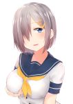  1girl absurdres akky_(akimi1127) blue_eyes blush breasts gloves grabbing_own_breast hair_ornament hair_over_one_eye hairclip hamakaze_(kantai_collection) highres kantai_collection large_breasts looking_at_viewer neckerchief open_mouth sailor_collar school_uniform serafuku shirt short_hair short_sleeves silver_hair simple_background solo white_background white_gloves 