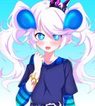  +_+ 1girl bangs belt blue_background blue_dress blue_eyes blush bracelet carlos_daniel chiliarch_(elsword) dress elsword eyebrows_visible_through_hair fang gradient gradient_background horns jewelry long_hair looking_at_viewer luciela_r._sourcream open_mouth pointy_ears smile solo striped sweatdrop swept_bangs symbol-shaped_pupils twintails upper_body vertical_stripes white_hair 