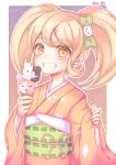  1girl blonde_hair bow cat_hair_ornament dangan_ronpa food green_bow hair hair_bow hair_ornament ice_cream ice_cream_cone japanese_clothes kimono monokuma monomi_(dangan_ronpa) orange_eyes parted_lips saionji_hiyoko salt_qo6 smile solo standing super_dangan_ronpa_2 twintails wide_sleeves 