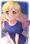  1girl aikatsu! bangs blonde_hair blue_background blue_shirt blush breasts brown_eyes character_request collarbone eyebrows_visible_through_hair highres long_hair looking_at_viewer parted_lips sekina shirt short_sleeves small_breasts solo upper_body 