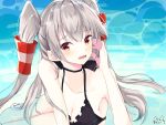  amatsukaze_(kantai_collection) armpits bikini black_bikini blush breasts brown_eyes choker cleavage collarbone hair_tubes hand_on_own_cheek kantai_collection long_hair looking_at_viewer lying on_side open_mouth seana silver_hair small_breasts swimsuit two_side_up water 