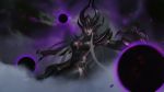  1girl belt black_legwear breasts cleavage futoshi_(tekidai) glowing glowing_eyes headpiece highres league_of_legends lipstick long_hair looking_at_viewer makeup medium_breasts orb outstretched_hand purple_lipstick solo syndra violet_eyes white_hair 