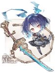  1girl alice_(sinoalice) blue_hair calligraphy_brush_(medium) chibi copyright_name dress eyebrows_visible_through_hair kotatu_(akaki01aoki00) looking_at_viewer red_eyes short_hair sinoalice solo sword weapon white_background 