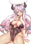  1girl animal_ears blue_eyes breasts bunny_girl bunnysuit butterfly_hair_ornament cleavage fishnet_pantyhose fishnets granblue_fantasy hair_ornament heart highres horns leotard long_hair looking_at_viewer narumeia_(granblue_fantasy) pantyhose pink_hair pointy_ears rabbit_ears simple_background smile solo thick_thighs thighs very_long_hair wakura_(gcdan) white_background 
