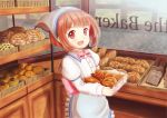  1girl :d apron bakery bangs basket blush bow bread brown_hair collared_shirt commentary_request day eyebrows_visible_through_hair food frilled_skirt frills head_scarf holding_basket indoors juliet_sleeves loaf_of_bread long_sleeves looking_at_viewer masaki_mao open_mouth original pink_bow puffy_sleeves red_eyes sailor_collar sailor_shirt shirt shop short_hair skirt slice_of_bread smile solo standing suspender_skirt suspenders white_shirt white_skirt window 