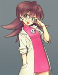  1girl :d adjusting_glasses bangs breasts brown_hair coke-bottle_glasses cowboy_shot dress earrings eyebrows_visible_through_hair glasses green_eyes grey_background hair_between_eyes hakuhatsu hand_in_pocket jewelry labcoat long_hair looking_at_viewer open_mouth pink_dress rockman rockman_dash simple_background sleeves_rolled_up small_breasts smile solo standing tron_bonne 