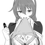  1girl absurdres ashigara_(kantai_collection) blush breasts cleavage commentary gloves greyscale hair_between_eyes hairband highres jacket kantai_collection long_hair looking_to_the_side marker monochrome mouth_hold open_clothes open_jacket remodel_(kantai_collection) shadow shirt_lift sidelocks solo tocky translation_request upper_body white_background 
